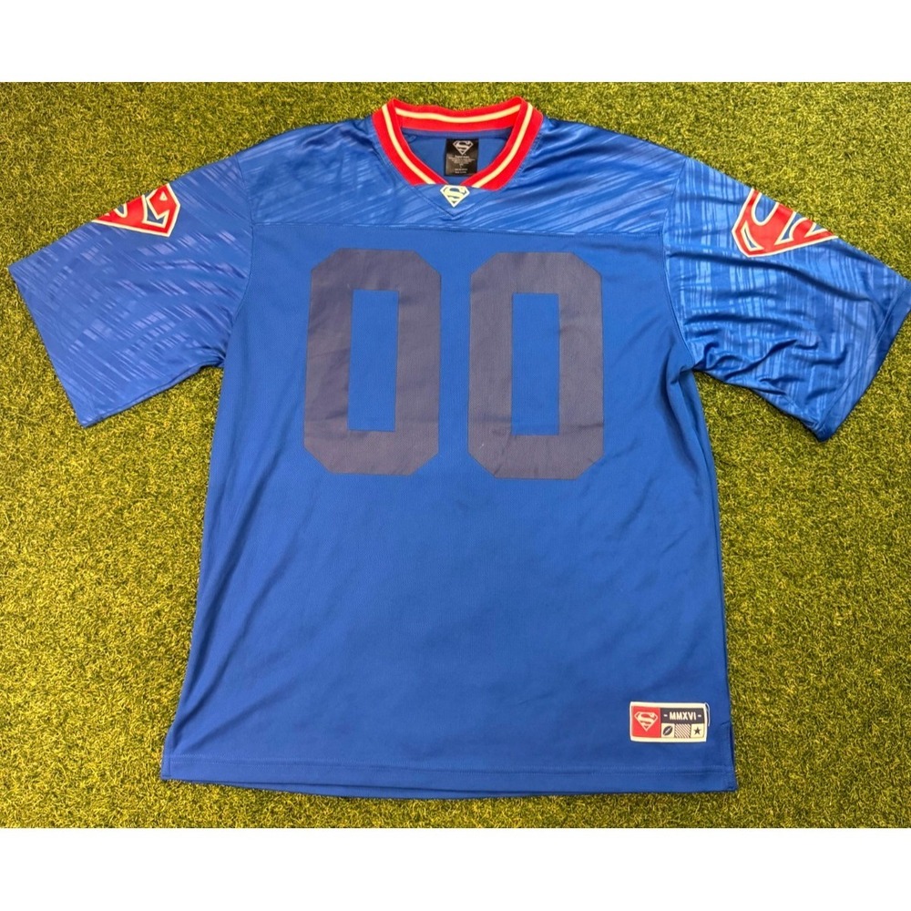 DC Comics‎ Superman Football Jersey Mens Large Blue Red Logo V Neck Activewear